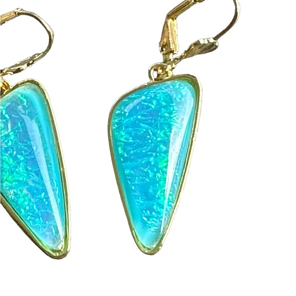 Gold and Iridescent Turquoise Geometric Drop Earrings - Picture 3 of 6